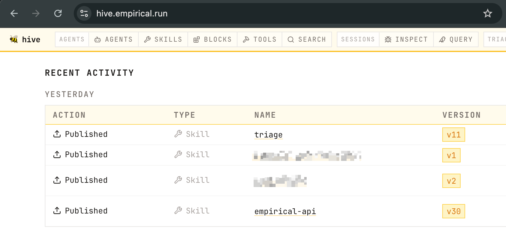 The Hive web UI at hive.empirical.run, showing recent activity: skills like triage and empirical-api published as new versions.